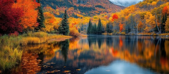 Naklejka premium Autumn Lake Reflections, Colorful Trees, Mountain Background