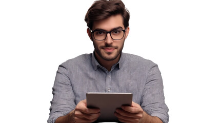 Focused Man with Tablet: A young, intellectual man with eyeglasses engrossed in his tablet, a picture of focused engagement and modern technology, against an uncluttered backdrop.