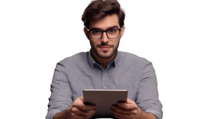 Focused Man with Tablet: A young, intellectual man with eyeglasses engrossed in his tablet, a picture of focused engagement and modern technology, against an uncluttered backdrop.