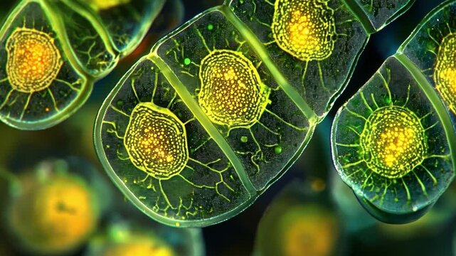 Microscopic World of Algae: An intimate look into the intricate details of green algae cells, showcasing vibrant colors and complex structures in a photorealistic image.