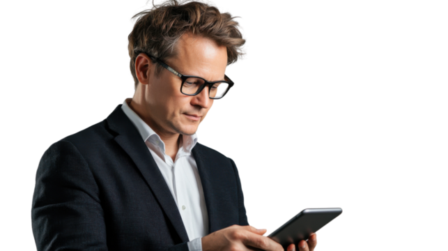Concentration and Innovation: A business professional is deeply engaged with a digital tablet, focused and contemplative, dressed in a modern business suit, suggesting productivity, technology.