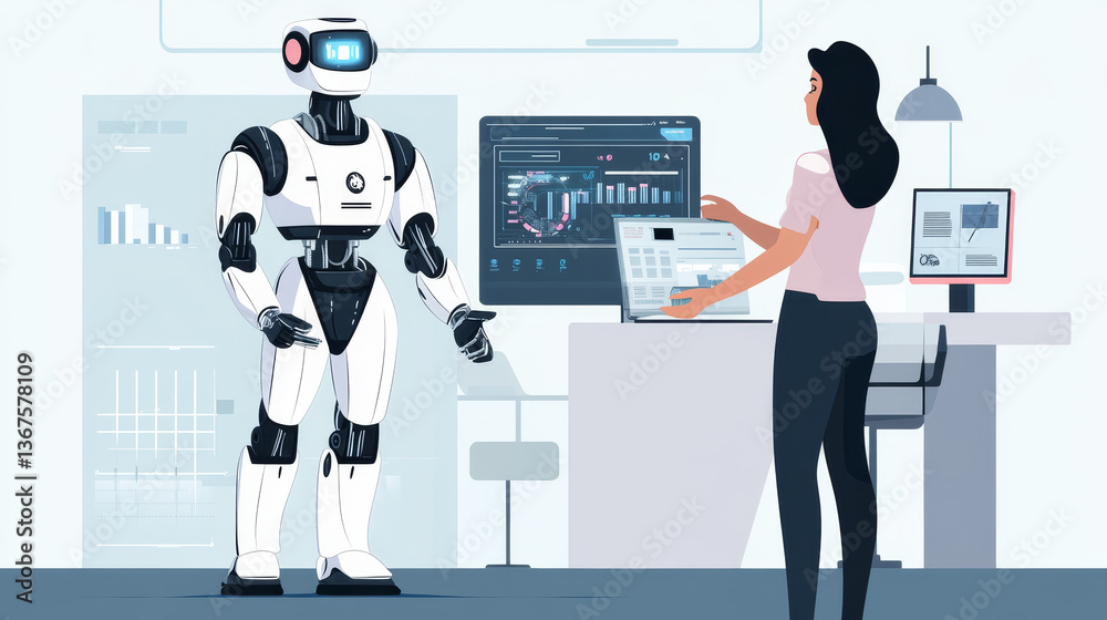 Poster isometric man and woman with robot artificial intelligence working , robot working with virtual disp