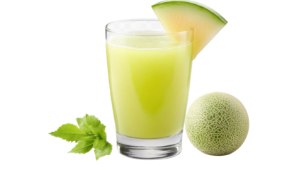 Cool Melon Drink: A refreshing, close-up shot of a glass filled with fresh melon juice. A melon slice and a whole melon sit near the glass, with some leaves beside to add the refreshing ambiance.