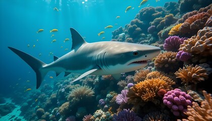 Fototapeta premium Shark swimming near coral reef with colorful fish underwater scene.