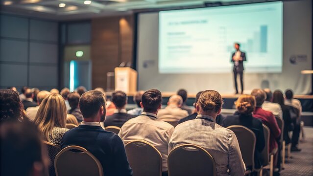 Attentive audience captivated by a powerful presentation at a large conference, showcasing the speaker's expertise with soft lighting and a blurred background.