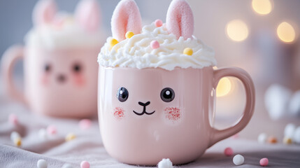 Happy Easter! Creamy eggnog served in a festive mug, garnished with pastel sprinkles and a bunny stir stick