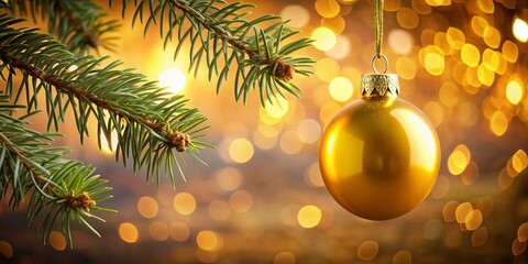 Festive Yellow Christmas Ornament on Branch, Rule of Thirds Composition