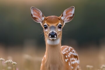 Fototapeta premium Close-up of a young spotted deer fawn standing in a meadow with soft, blurred background, symbolizing innocence and wildlife beauty.