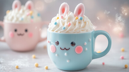 Happy Easter! Creamy eggnog served in a festive mug, garnished with pastel sprinkles and a bunny stir stick