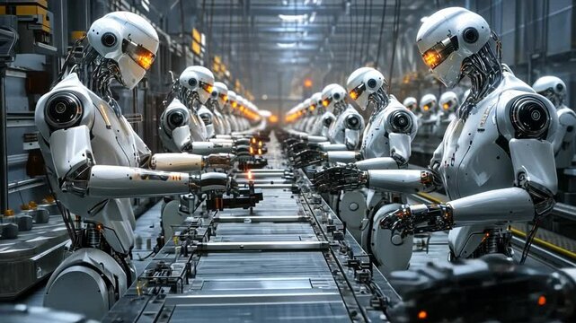 Robotic Workforce: A futuristic vision of a robotic workforce diligently working on an assembly line, creating a captivating scene of technological advancement and automation.