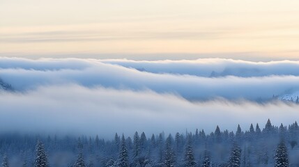 Misty Mountain Peaks Winter Landscape,  Snow Covered Forest and Rolling Clouds