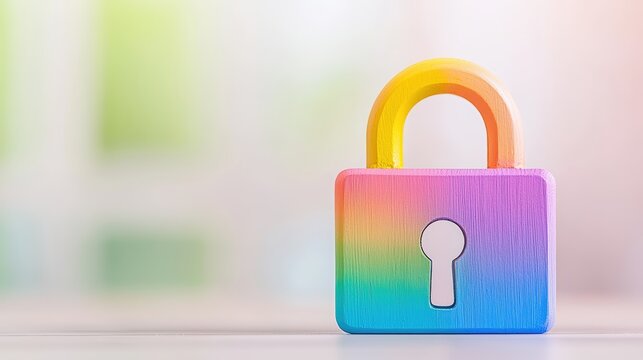 A colorful rainbow padlock stands prominently, symbolizing security and creativity against a soft blurred background.