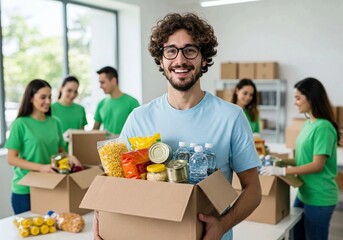 charity, donation and volunteering concept - happy smiling male volunteer with food in box and international group of people at distribution or refugee assistance center