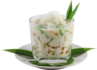 Refreshing Iced Cendol Dessert in Glass with Coconut Milk and Shaved Ice