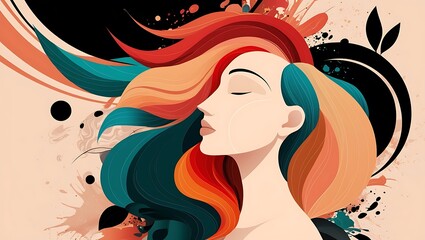 Abstract Portrait of a Woman with Flowing Colorful Hair and Vibrant Energy