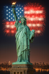 Statue of liberty with patriotic fireworks display at night in new york city