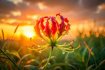 Obraz premium Flame Lily Gloriosa Superba Flower Blooming in Wild Landscape Sunset