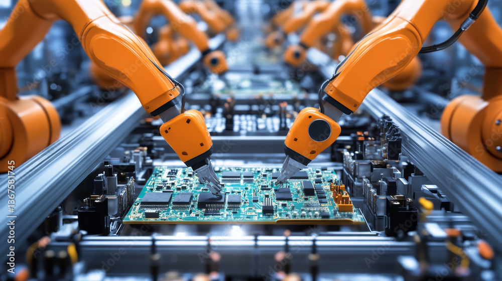 Poster manufacturing automation. advanced high precision robot arms on automated pcb assembly line inside m