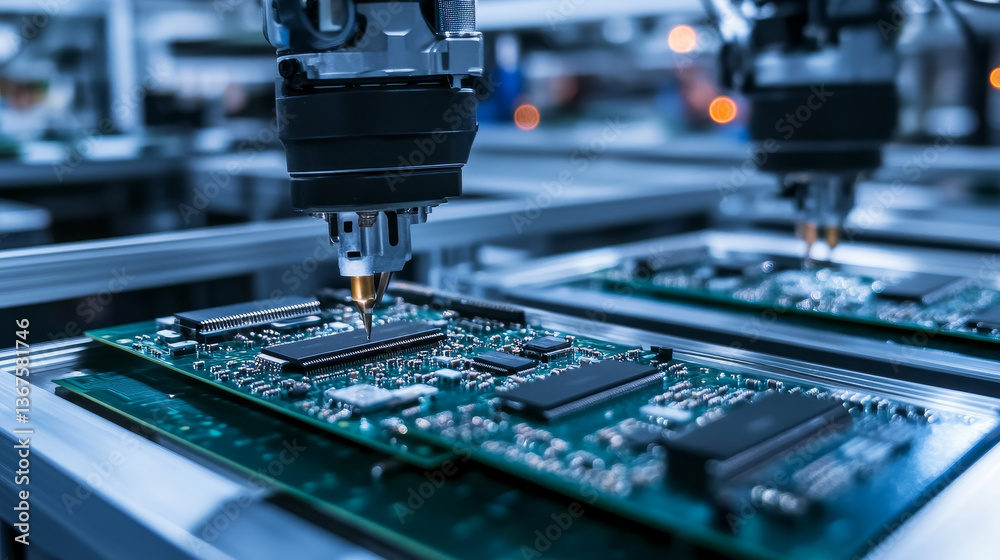 Poster manufacturing automation. advanced high precision robot arms on automated pcb assembly line inside m