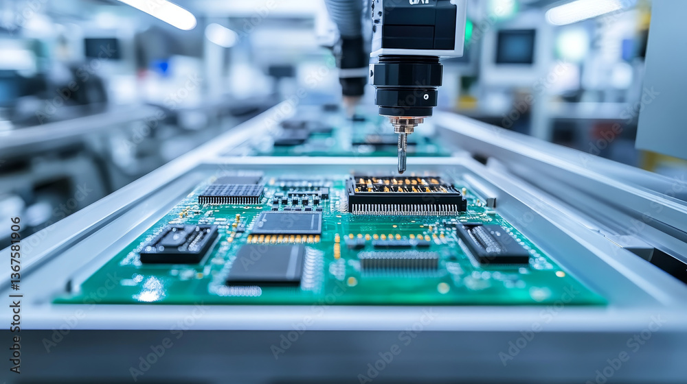 Poster advanced high precision robot arms on fully automated pcb assembly line inside modern electronics fa