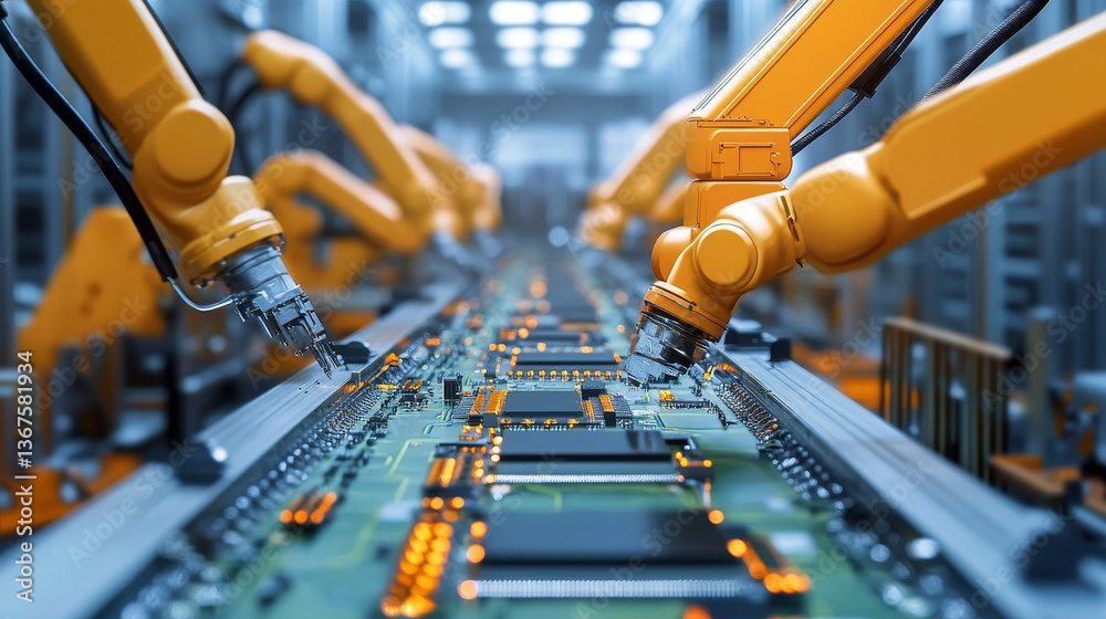 Poster advanced high precision robot arms on fully automated pcb assembly line inside modern electronics fa