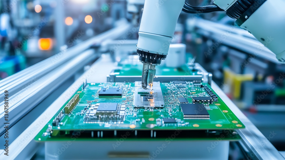 Poster advanced high precision robot arms on fully automated pcb assembly line inside modern electronics fa