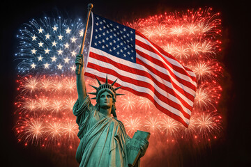 Statue of liberty with american flag and fireworks celebrating independence day in new york city