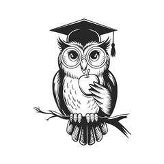 A monochrome illustration of an owl with a graduation cap perched on a branch