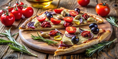 Fototapeta premium Artisan Baked Pizza Slices with Vibrant Vegetable Toppings and Fresh Herbs on Rustic Wooden Board