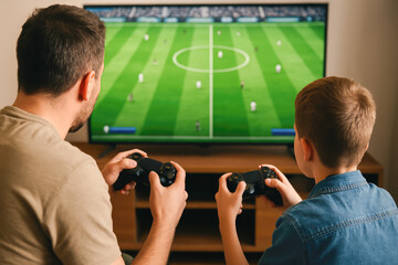 Father and son gaming duo enjoying soccer video game on tv