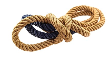 Twisted ropes of nautical rope in a knot, isolated on a white background.