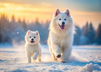 Obraz premium Fluffy Arctic Friends: Adorable Samoyed and Husky Puppies Playing Together