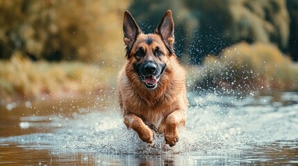 A charming portrait of an Old German Shepherd Dog joyfully running through the lake, splashing water as it moves.