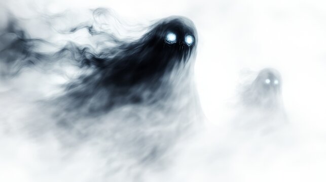 Realistic Halloween ghost shadow. Transparent isolated phantom. Flying spooky dead soul. Black smoke transparent horror monster.