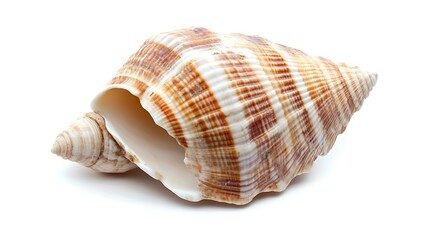 Obraz premium Close-up Studio Shot of a Striped Brown and White Seashell on White Background