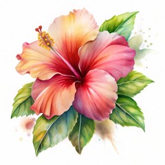 Obraz premium A tropical watercolor painting of a hibiscus, gentle brush strokes, white background 