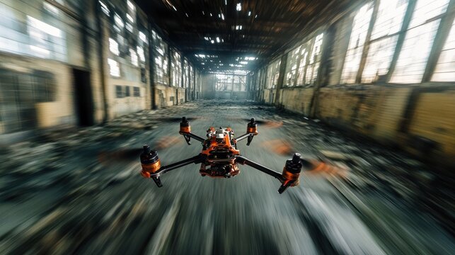 Aerial agility: FPV drone soaring through an abandoned industrial complex's interior