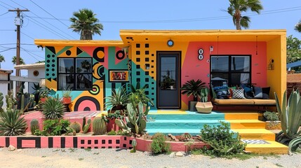 Obraz premium A house with bold geometric patterns painted on it. 