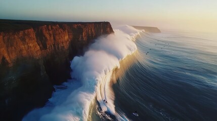 Fototapeta premium Spectacular ocean waves crashing against rugged cliffs during golden hour surfing
