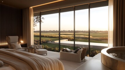 Modern bedroom with tranquil landscape view