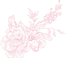 Tender  Floral pink bouquet, Elegant Line Art Design