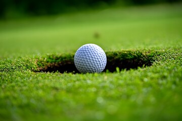 Obraz premium Golf ball on green grass ready to be shot into the hole