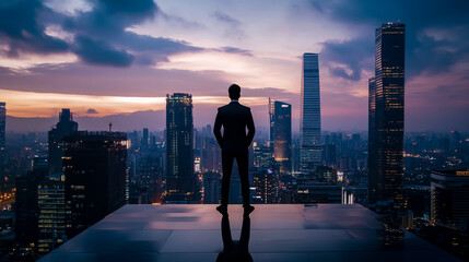 Naklejka na ściany i meble Businessman overlooking city skyline at dusk corporate leadership success and future vision concept