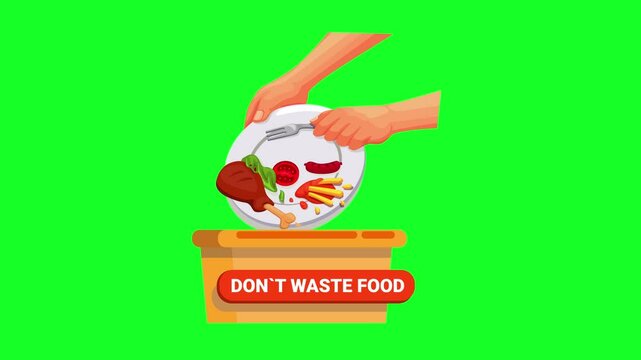 Don`t Waste Food, world food day and International Awareness Day on Food Loss and waste concept Animated On Green Background