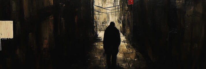 Man walking down dark desolate urban street.