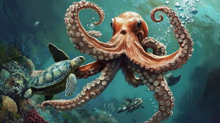 Obraz premium Sea life landing page, scuba diving banner. Funny octopus and turtle characters under water in ocean. Vector cartoon illustration of undersea landscape with wild marine animals