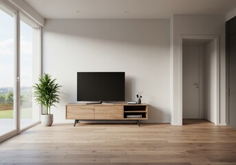 Modern living room sunlight streams through large windows illuminating light wood floors and minimalist furniture. AI Generated