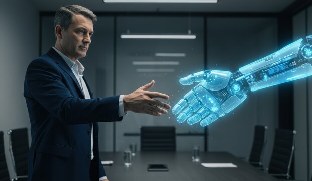 Caucasian businessman shaking hands with robotic hand in boardroom, representing technology, innovation, collaboration. - Powered by Adobe