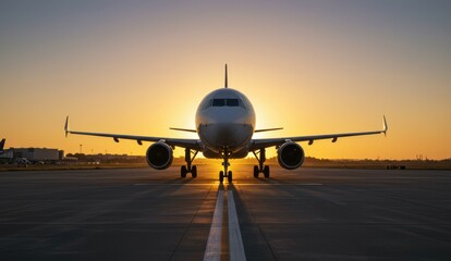 Obraz premium Commercial airplane on airport runway at sunset, highlighting air travel concepts.