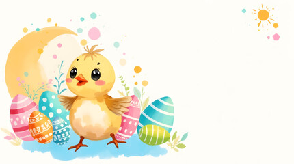 Watercolor Easter chicken with colorful eggs and flowers